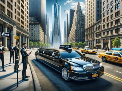 Black airport limousine with suited chauffeurs downtown