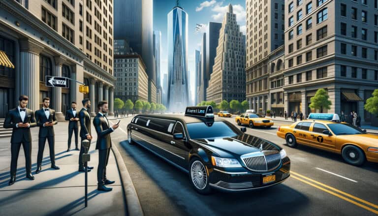 Black airport limousine with suited chauffeurs downtown