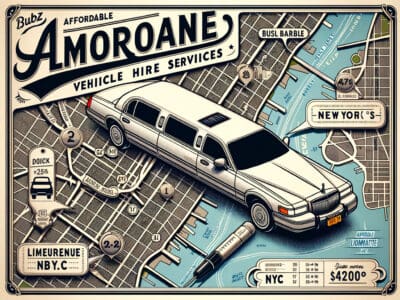 Vintage limousine rental ad over New York map
