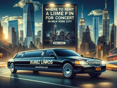 Black stretch limousine with NYC skyline billboard advertisement