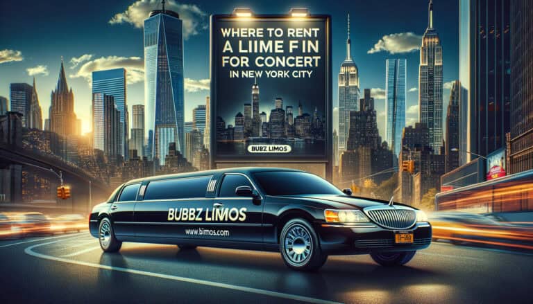 Black stretch limousine with NYC skyline billboard advertisement