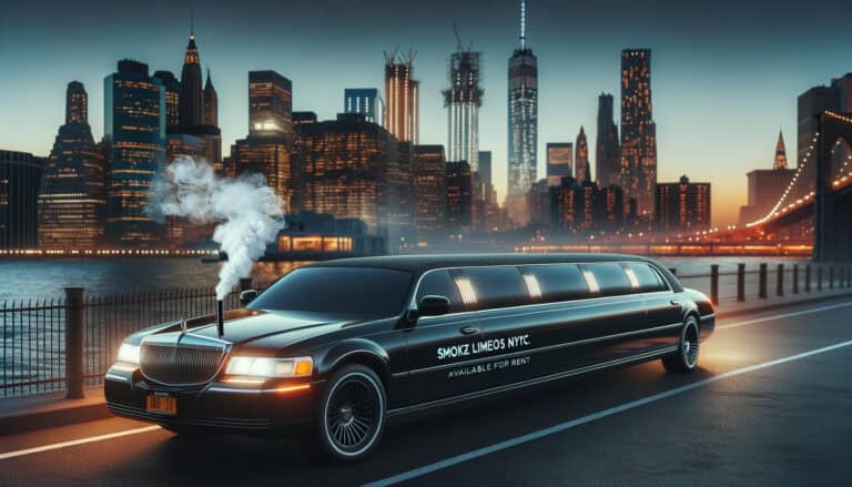 Black stretch limousine by NYC skyline at dusk