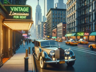 Vintage limousine parked outside neon-lit city theater
