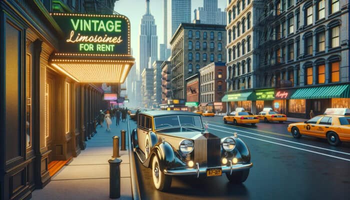 Vintage limousine parked outside neon-lit city theater