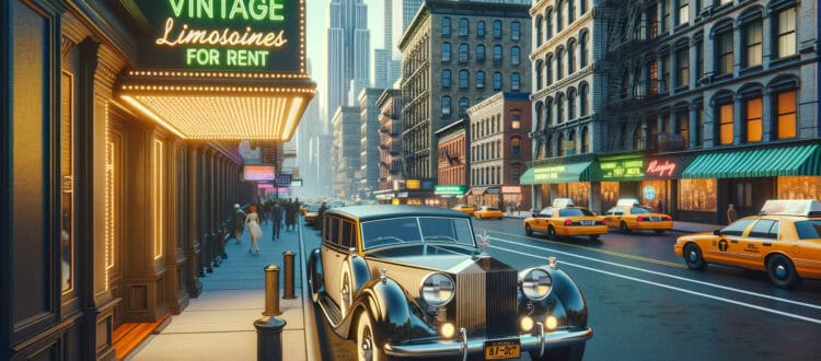 Vintage limousine parked outside neon-lit city theater