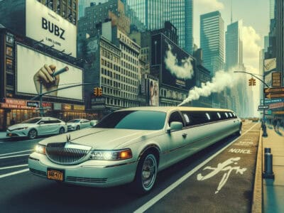 White stretch limousine driving through downtown city street