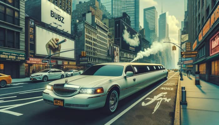 White stretch limousine driving through downtown city street