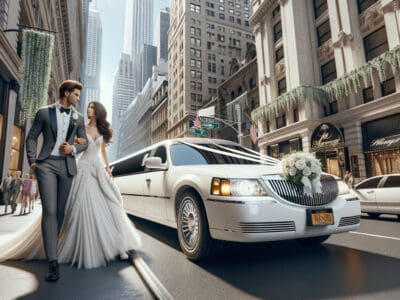 Bride and groom beside white limousine downtown