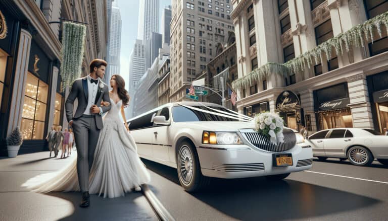 Bride and groom beside white limousine downtown