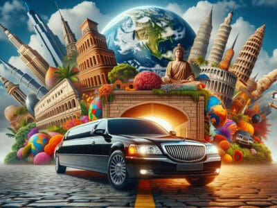 Black limousine before global landmarks and Earth backdrop