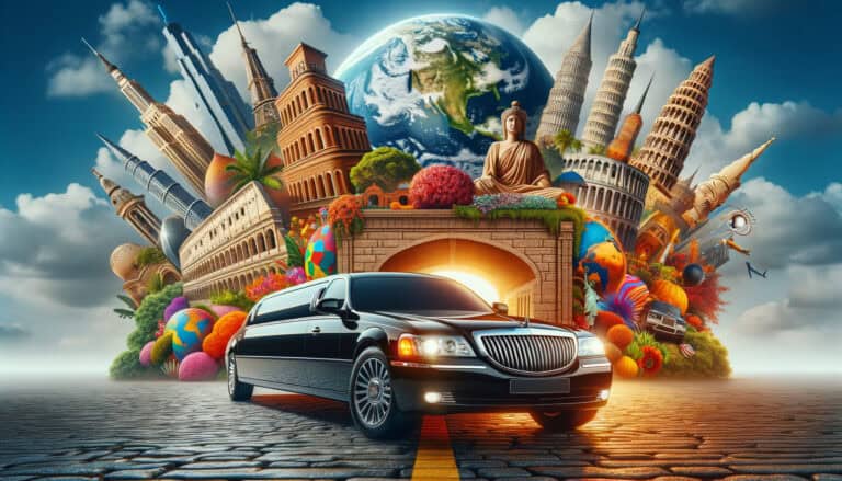 Black limousine before global landmarks and Earth backdrop
