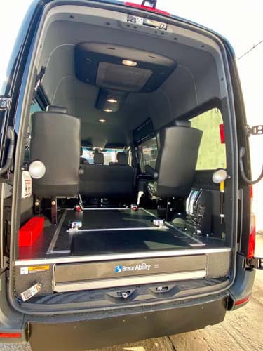 Rear view of wheelchair-accessible van with lift platform