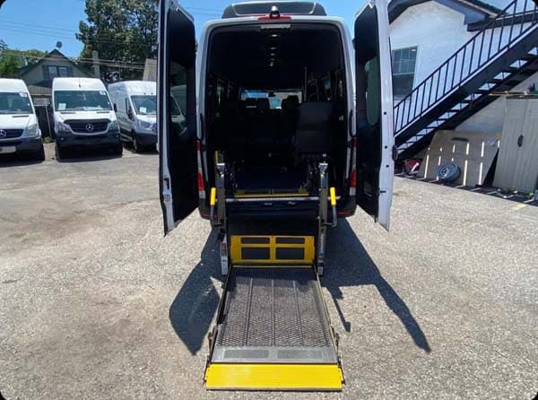Rear van with wheelchair lift ramp extended