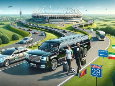 Soccer player and agent near stadium with limousine