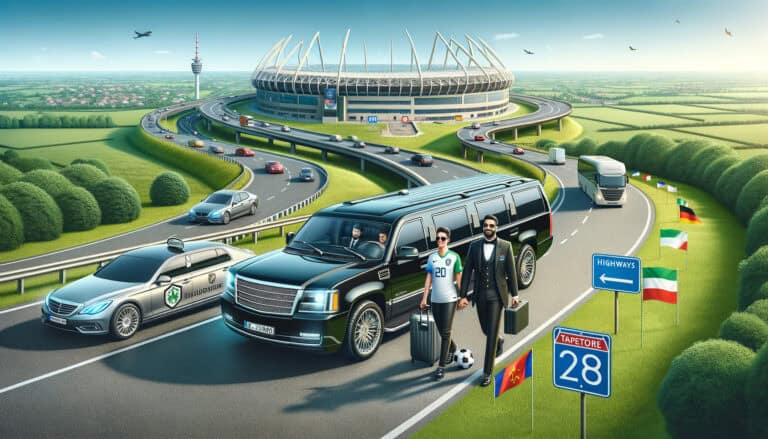 Soccer player and agent near stadium with limousine