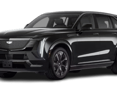 Black Cadillac electric SUV on white background