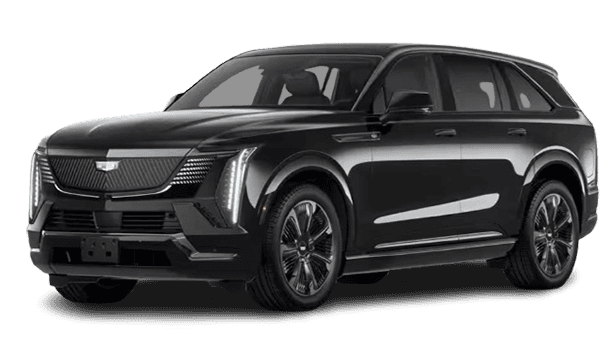 Black Cadillac electric SUV on white background