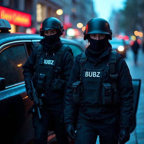 Two armed tactical officers on city street at night