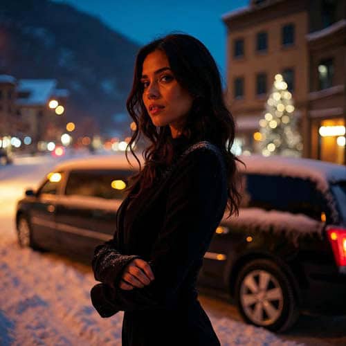 Woman on snowy street at night with car