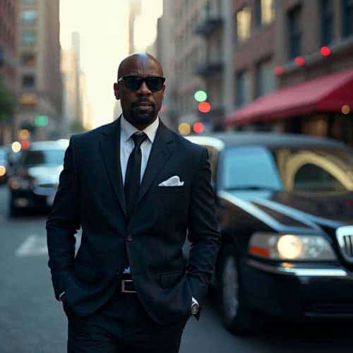 Man in black suit walking city street