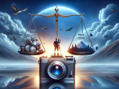 Camera balancing pros and cons on scale concept
