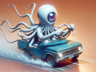 One-eyed octopus alien driving small pickup truck