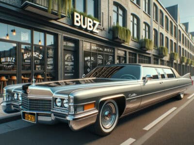 Vintage silver Cadillac limousine parked on city street