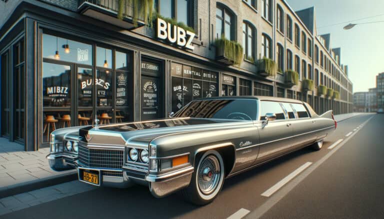Vintage silver Cadillac limousine parked on city street