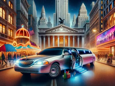 Luxury stretch limousine outside city theater at night