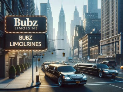 Black limousines parked beneath Bubz Limousine city sign