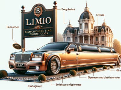 Gold stretch limousine parked before grand mansion sign