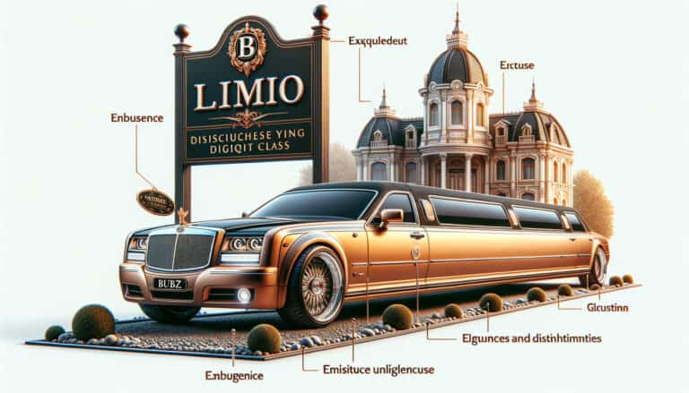 Gold stretch limousine parked before grand mansion sign