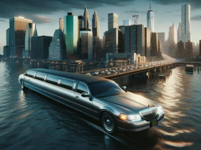 Stretch limousine driving on water by city skyline