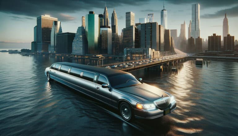 Stretch limousine driving on water by city skyline