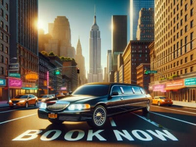 Black limousine on city street with skyline sunset