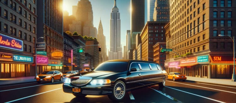 Black limousine on city street with skyline sunset