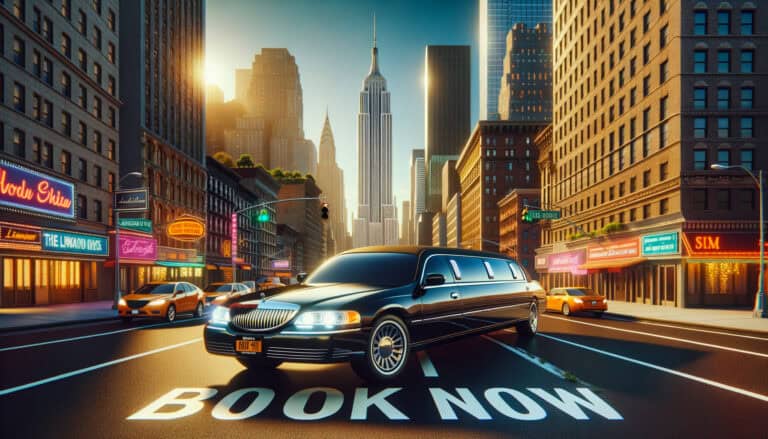 Black limousine on city street with skyline sunset