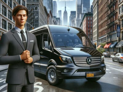 Chauffeur standing beside black Mercedes van in city