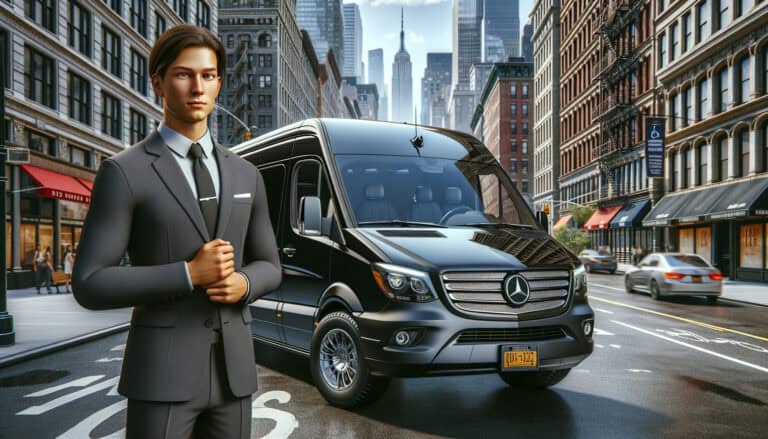 Chauffeur standing beside black Mercedes van in city