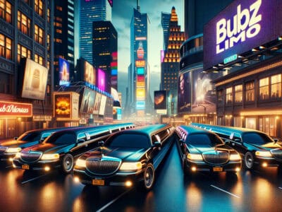 Black limousines on neon-lit city street at night