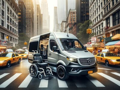 Wheelchair-accessible van on busy city street with taxis