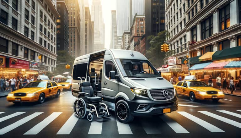 Wheelchair-accessible van on busy city street with taxis