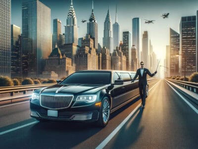Luxury limousine with chauffeur on city highway skyline