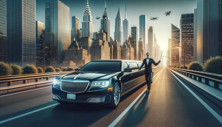 Luxury limousine with chauffeur on city highway skyline