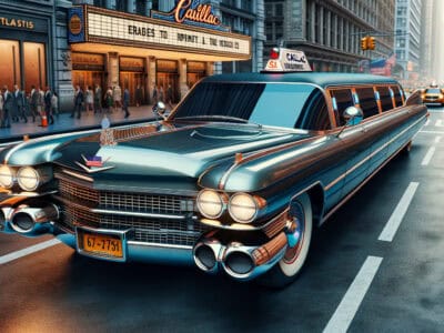 Vintage Cadillac limousine driving through city street