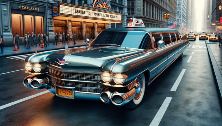 Vintage Cadillac limousine driving through city street