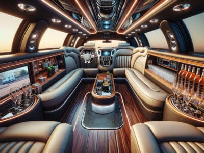Luxury limousine interior with leather seats and bar