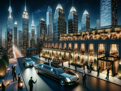 Luxury rooftop gala with limousines and city skyline