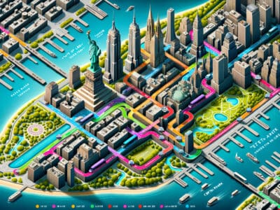 Illustrated 3D map of Manhattan with colorful subway lines