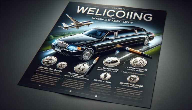 Luxury limousine service poster with airplane and safety icons